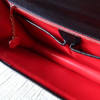 Celine Vintage Black Embossed Leather Gold Clasp 2way Shoulder Flap Bag