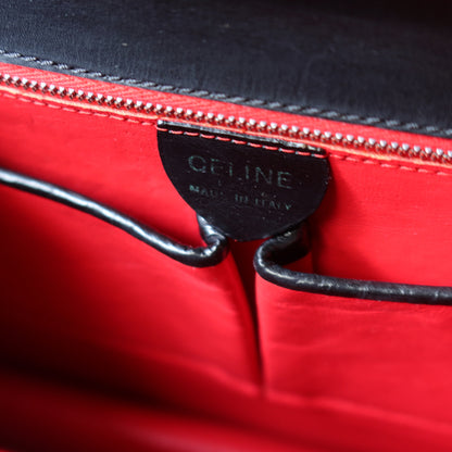 Celine Vintage Black Embossed Leather Gold Clasp 2way Shoulder Flap Bag