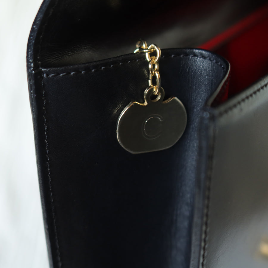 Celine Vintage Black Embossed Leather Gold Clasp 2way Shoulder Flap Bag