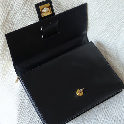 Celine Vintage Black Embossed Leather Gold Clasp 2way Shoulder Flap Bag