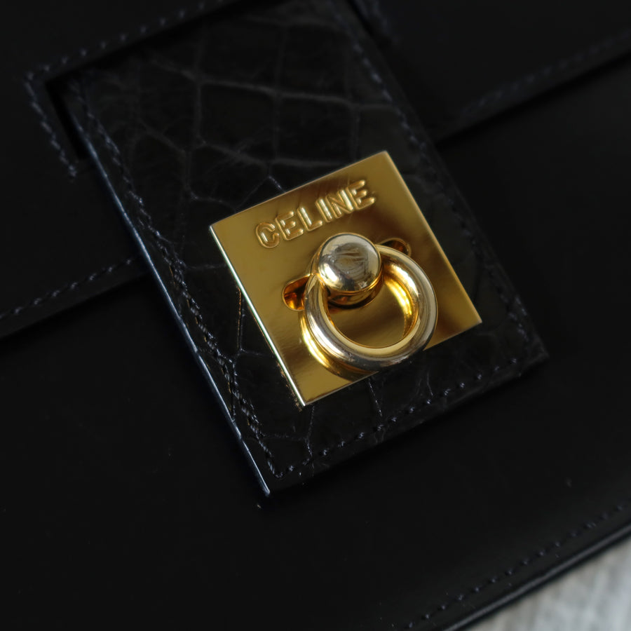 Celine Vintage Black Embossed Leather Gold Clasp 2way Shoulder Flap Bag