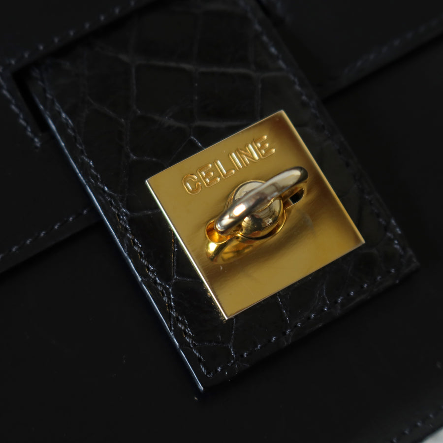 Celine Vintage Black Embossed Leather Gold Clasp 2way Shoulder Flap Bag