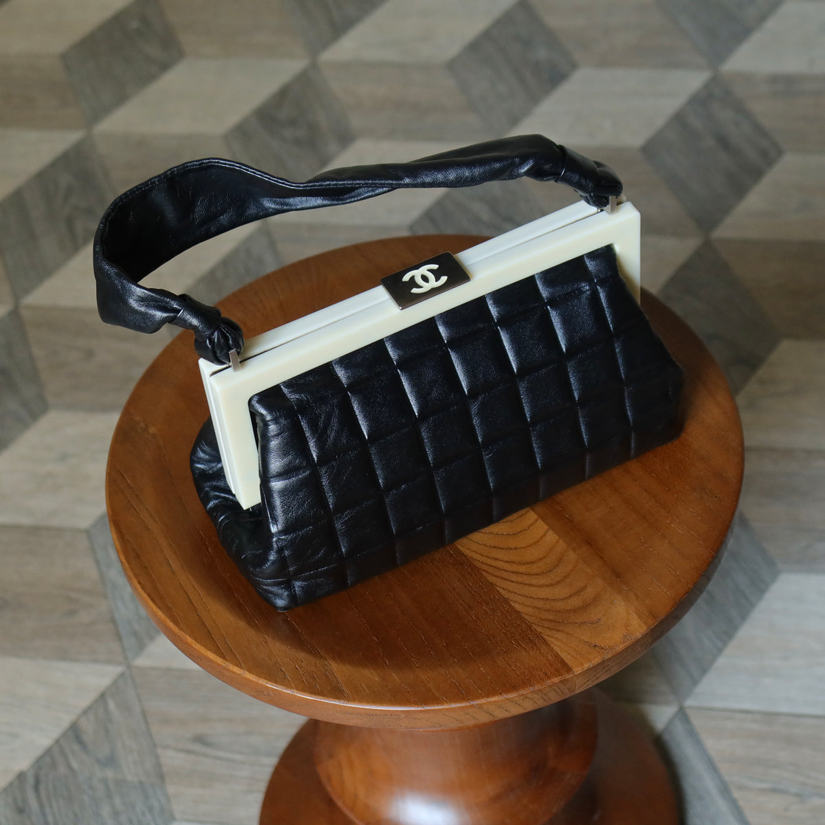 Chanel Vintage Black Quilted Chocolate Bar Leather CC Mark Clasp Lock Bag