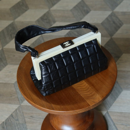 Chanel Vintage Black Quilted Chocolate Bar Leather CC Mark Clasp Lock Bag