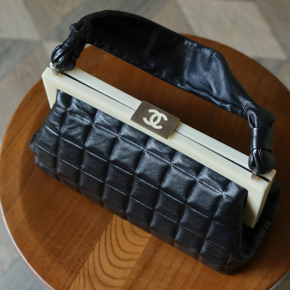 Chanel Vintage Black Quilted Chocolate Bar Leather CC Mark Clasp Lock Bag