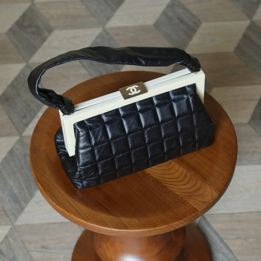 Chanel Vintage Black Quilted Chocolate Bar Leather CC Mark Clasp Lock Bag