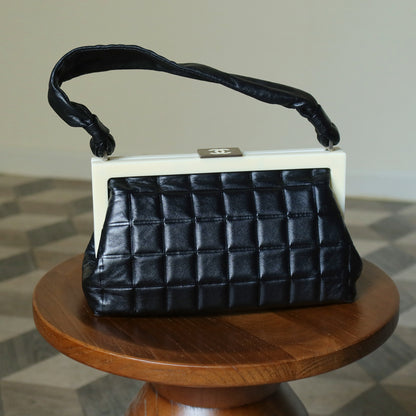 Chanel Vintage Black Quilted Chocolate Bar Leather CC Mark Clasp Lock Bag