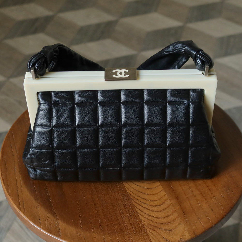 Chanel Vintage Black Quilted Chocolate Bar Leather CC Mark Clasp Lock Bag