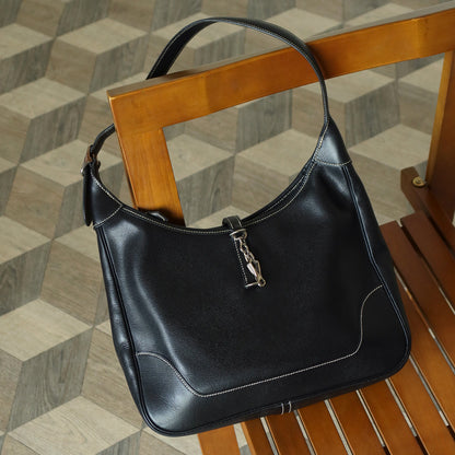 Hermès Vintage Black Grained Leather Trim II 31 Silver Hardware Shoulder Bag
