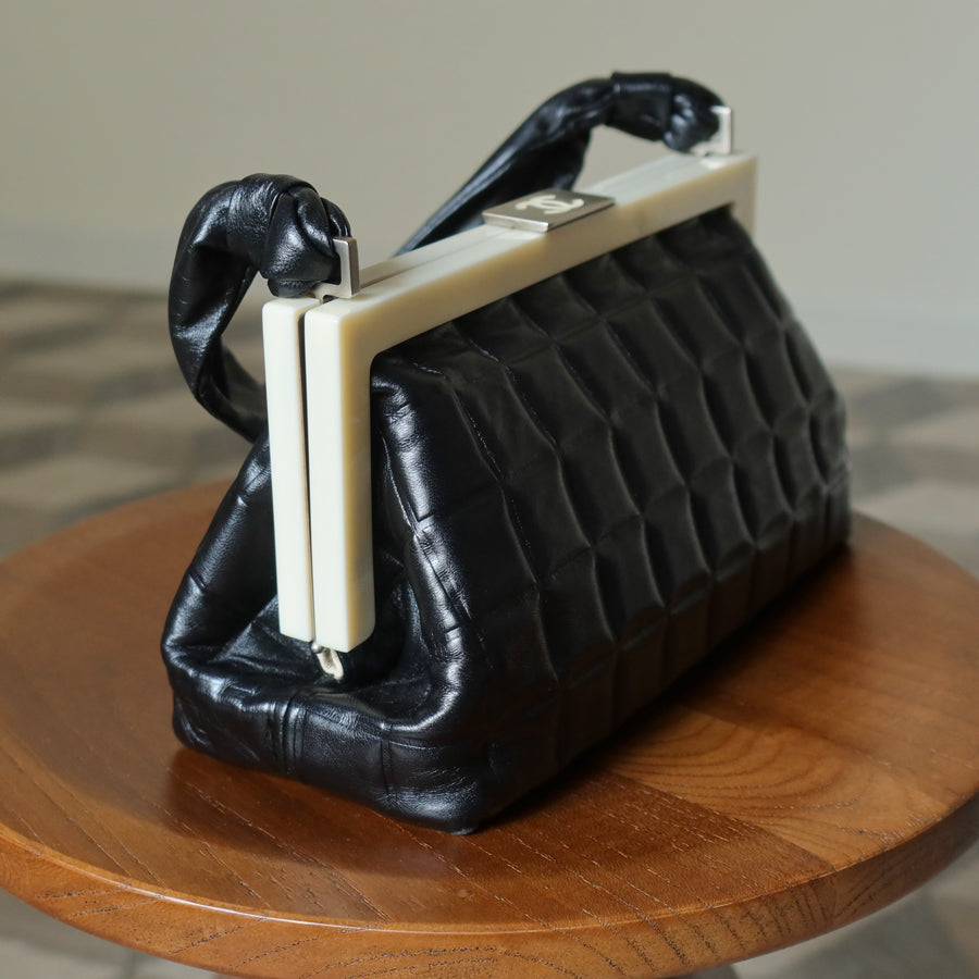 Chanel Vintage Black Quilted Chocolate Bar Leather CC Mark Clasp Lock Bag