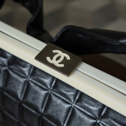 Chanel Vintage Black Quilted Chocolate Bar Leather CC Mark Clasp Lock Bag