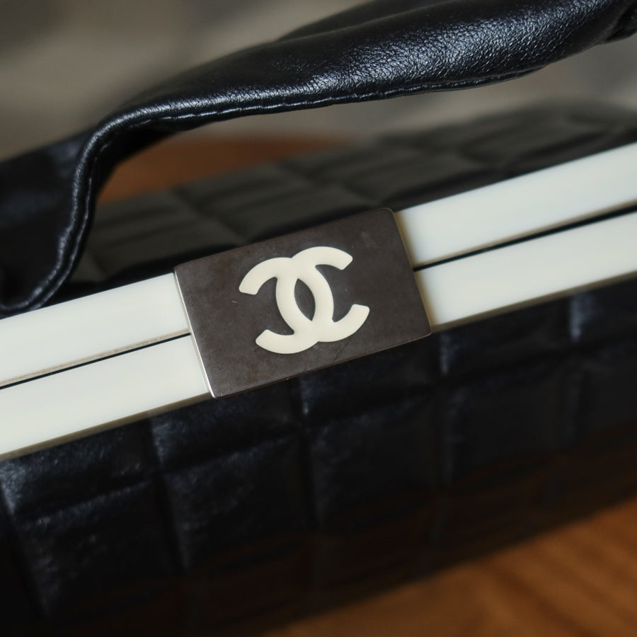 Chanel Vintage Black Quilted Chocolate Bar Leather CC Mark Clasp Lock Bag