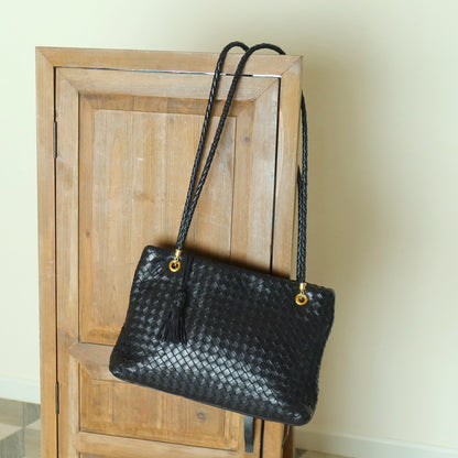 Rare Bottega Veneta Vintage Black Intrecciato Braided Strap Shoulder Bag M