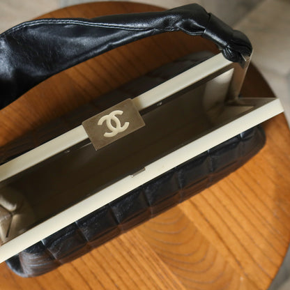 Chanel Vintage Black Quilted Chocolate Bar Leather CC Mark Clasp Lock Bag