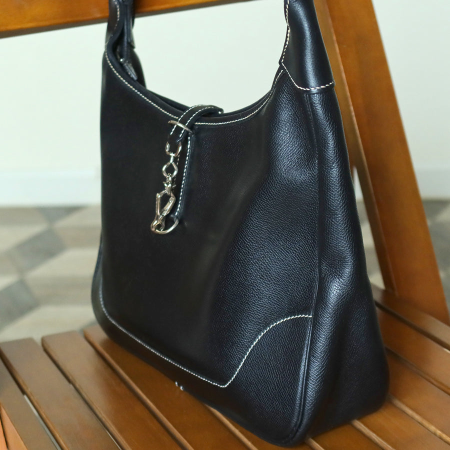 Hermès Vintage Black Grained Leather Trim II 31 Silver Hardware Shoulder Bag