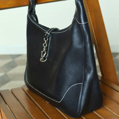 Hermès Vintage Black Grained Leather Trim II 31 Silver Hardware Shoulder Bag