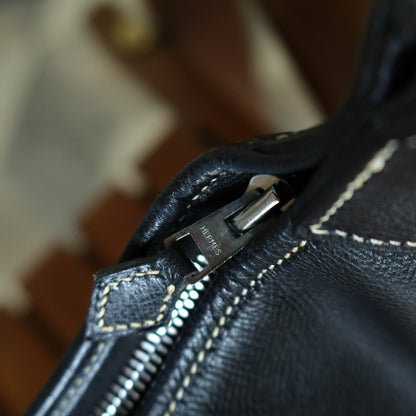 Hermès Vintage Black Grained Leather Trim II 31 Silver Hardware Shoulder Bag