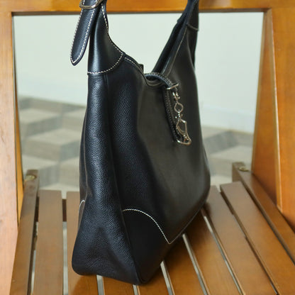 Hermès Vintage Black Grained Leather Trim II 31 Silver Hardware Shoulder Bag