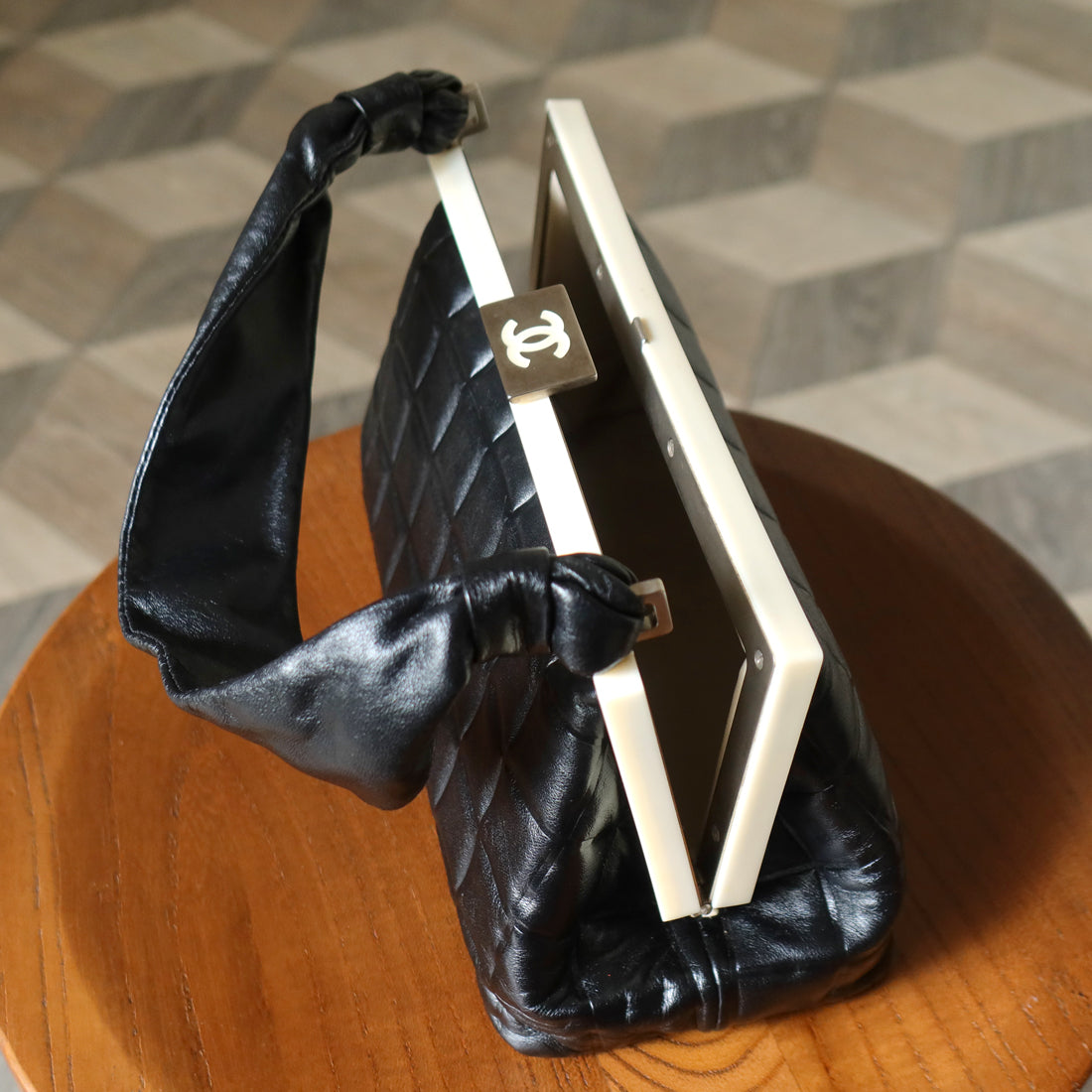 Chanel Vintage Black Quilted Chocolate Bar Leather CC Mark Clasp Lock Bag