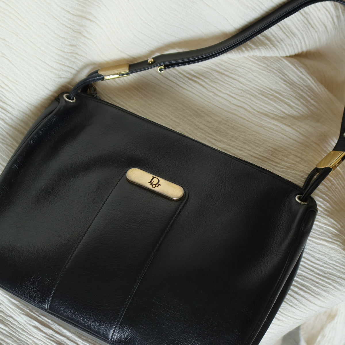Christian Dior Vintage Black Leather Half Moon 2way Shoulder Bag