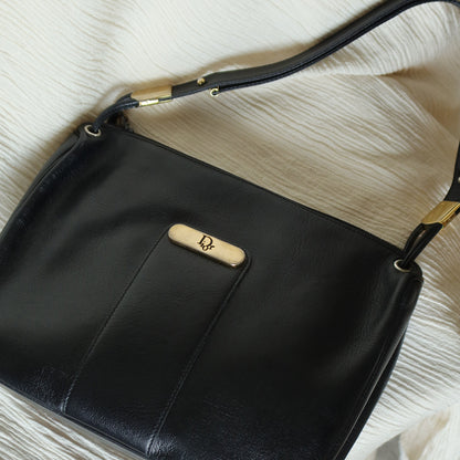 Christian Dior Vintage Black Leather Half Moon 2way Shoulder Bag
