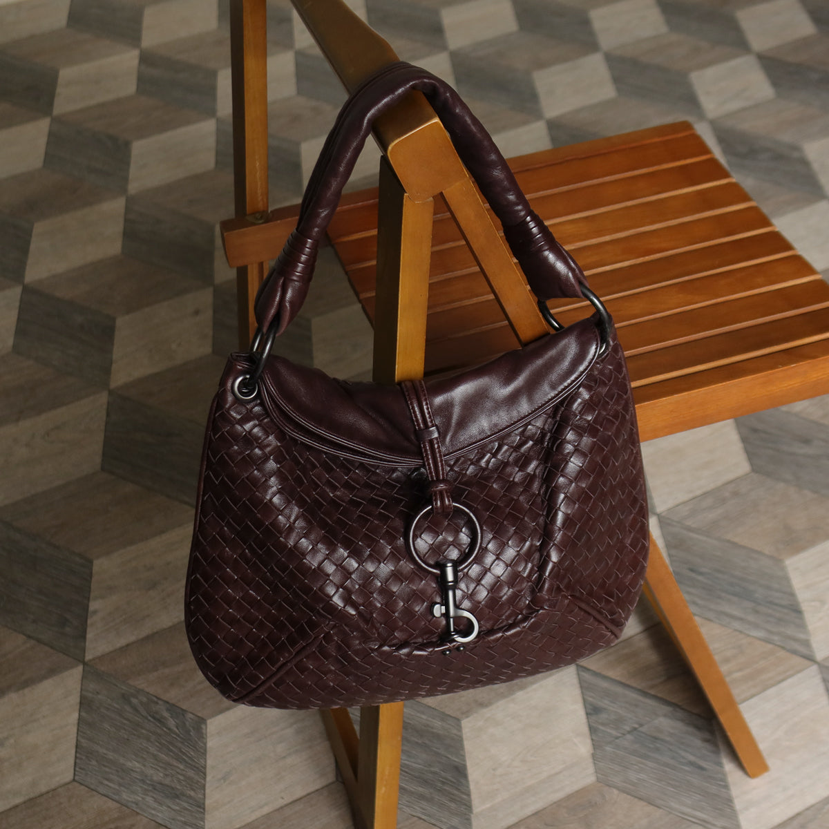 Bottega Veneta Vintage Dark Brown Intrecciato Leather Hobo One Shoulder Bag