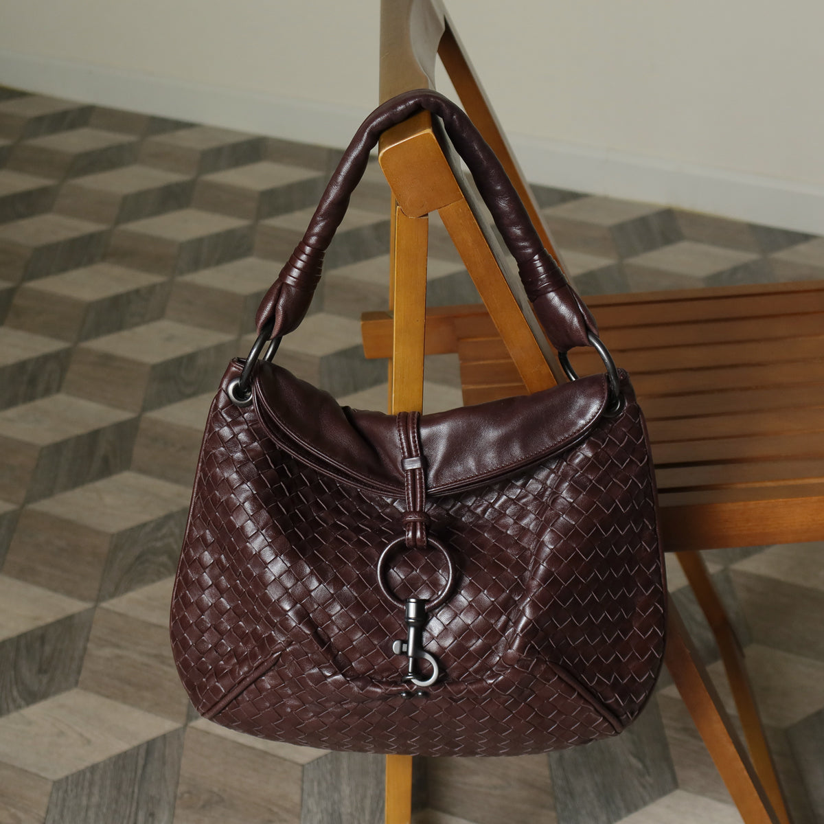 Bottega Veneta Vintage Dark Brown Intrecciato Leather Hobo One Shoulder Bag