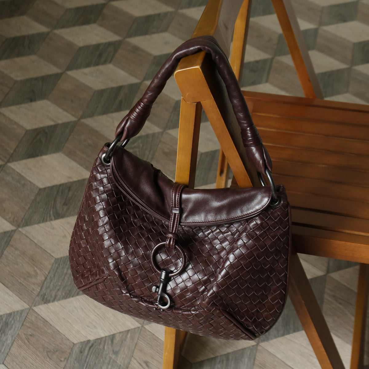 Bottega Veneta Vintage Dark Brown Intrecciato Leather Hobo One Shoulder Bag