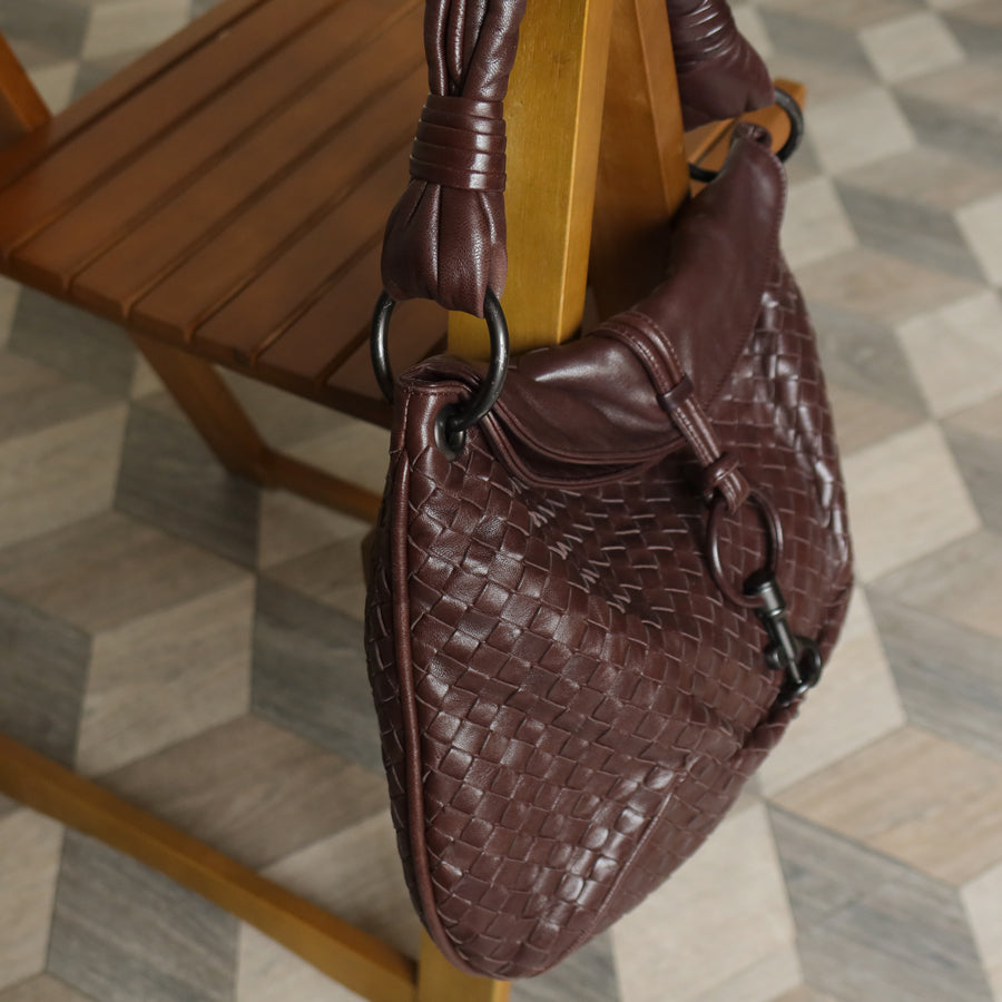 Bottega Veneta Vintage Dark Brown Intrecciato Leather Hobo One Shoulder Bag