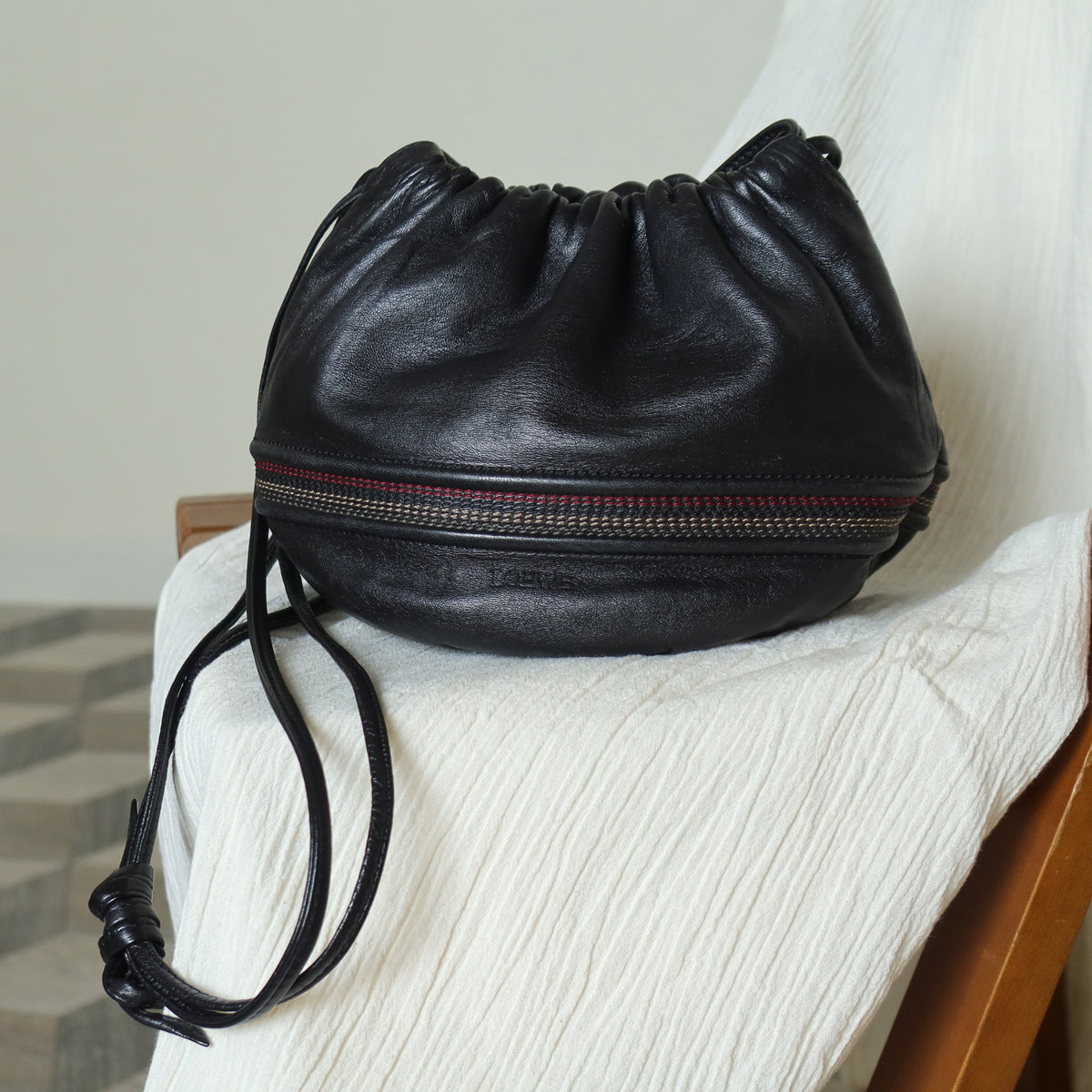 Loewe Vintage Black Leather Stitching Design Pochette Crossbody Bag