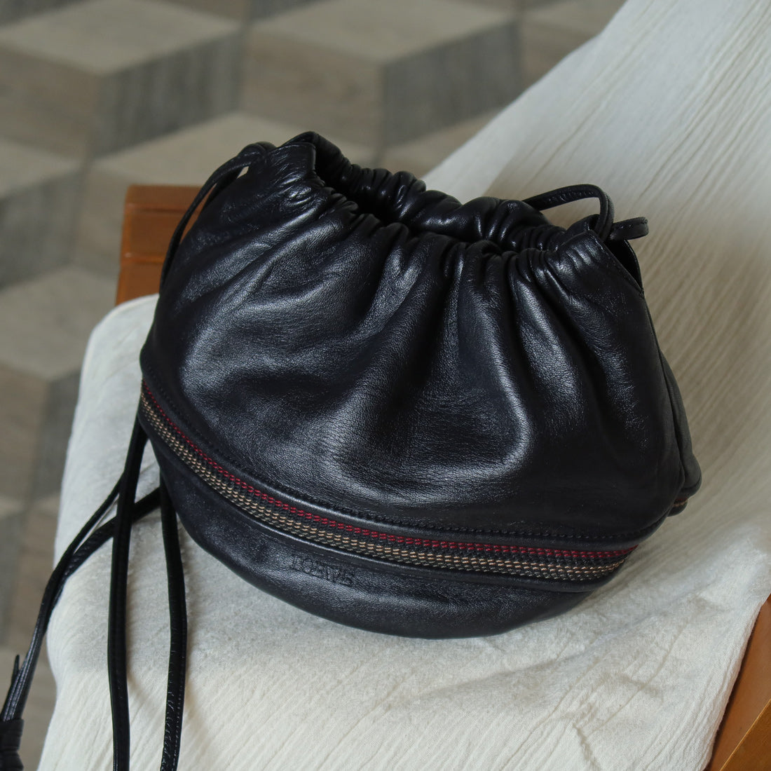 Loewe Vintage Black Leather Stitching Design Pochette Crossbody Bag