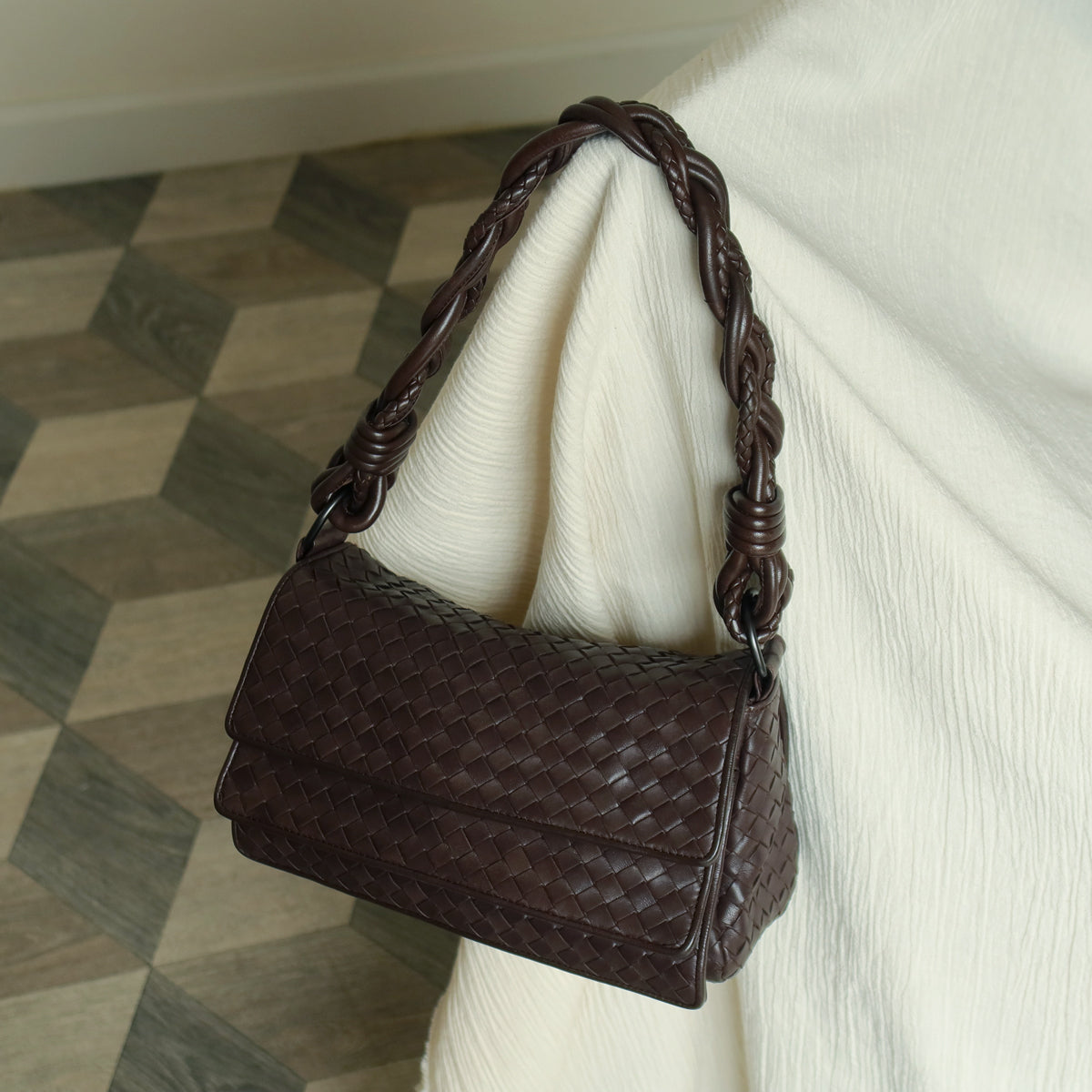 Bottega Veneta Vintage Dark Brown Intrecciato Twisted Strap Double Flap Shoulder Bag S2