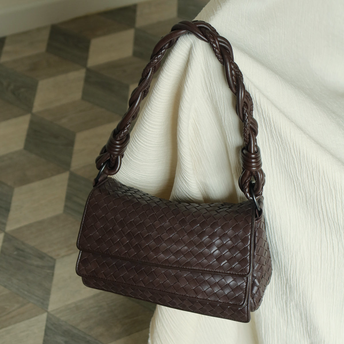 Bottega Veneta Vintage Dark Brown Intrecciato Twisted Strap Double Flap Shoulder Bag S2