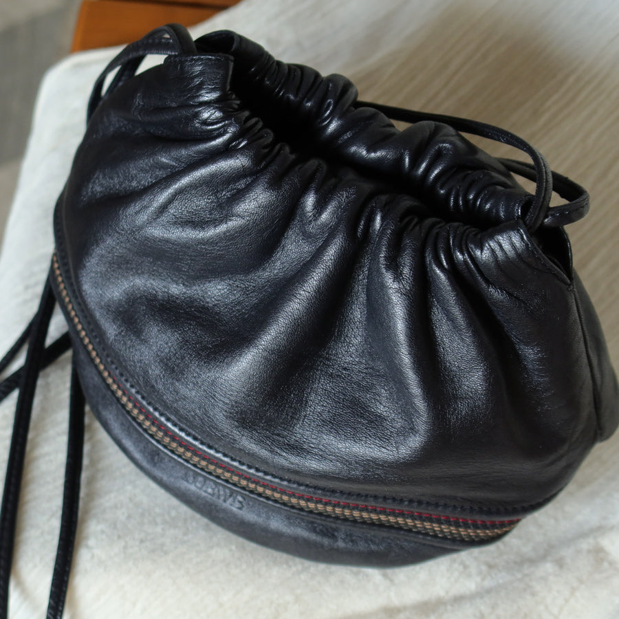 Loewe Vintage Black Leather Stitching Design Pochette Crossbody Bag