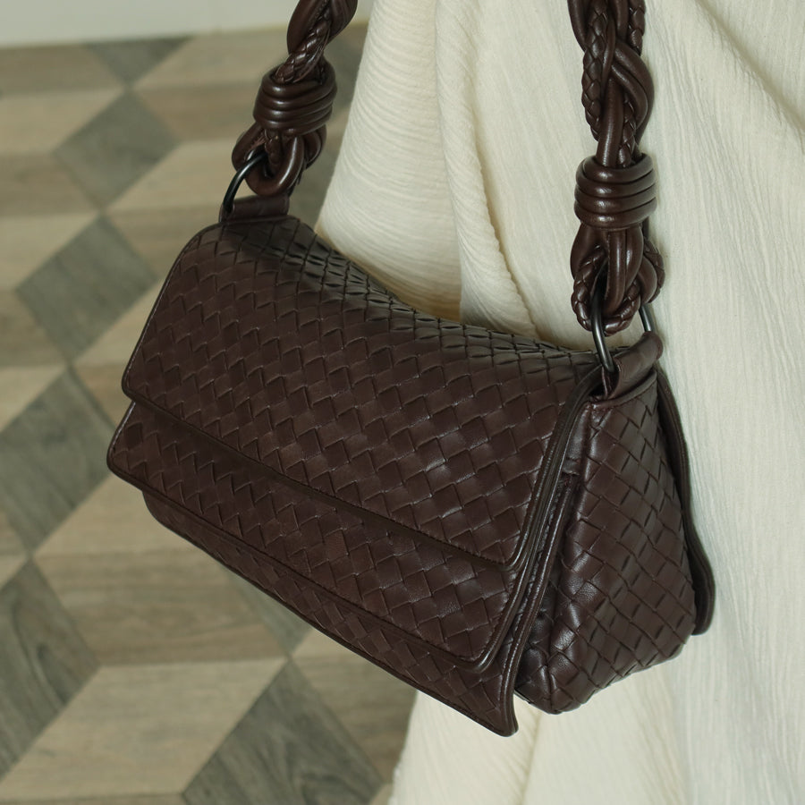 Bottega Veneta Vintage Dark Brown Intrecciato Twisted Strap Double Flap Shoulder Bag S2