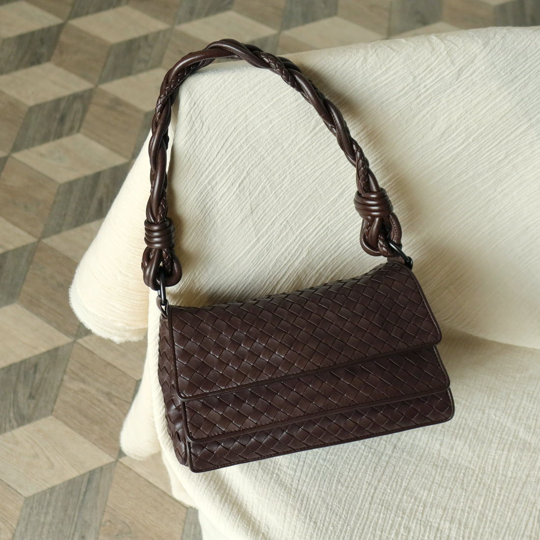 Bottega Veneta Vintage Dark Brown Intrecciato Twisted Strap Double Flap Shoulder Bag S2