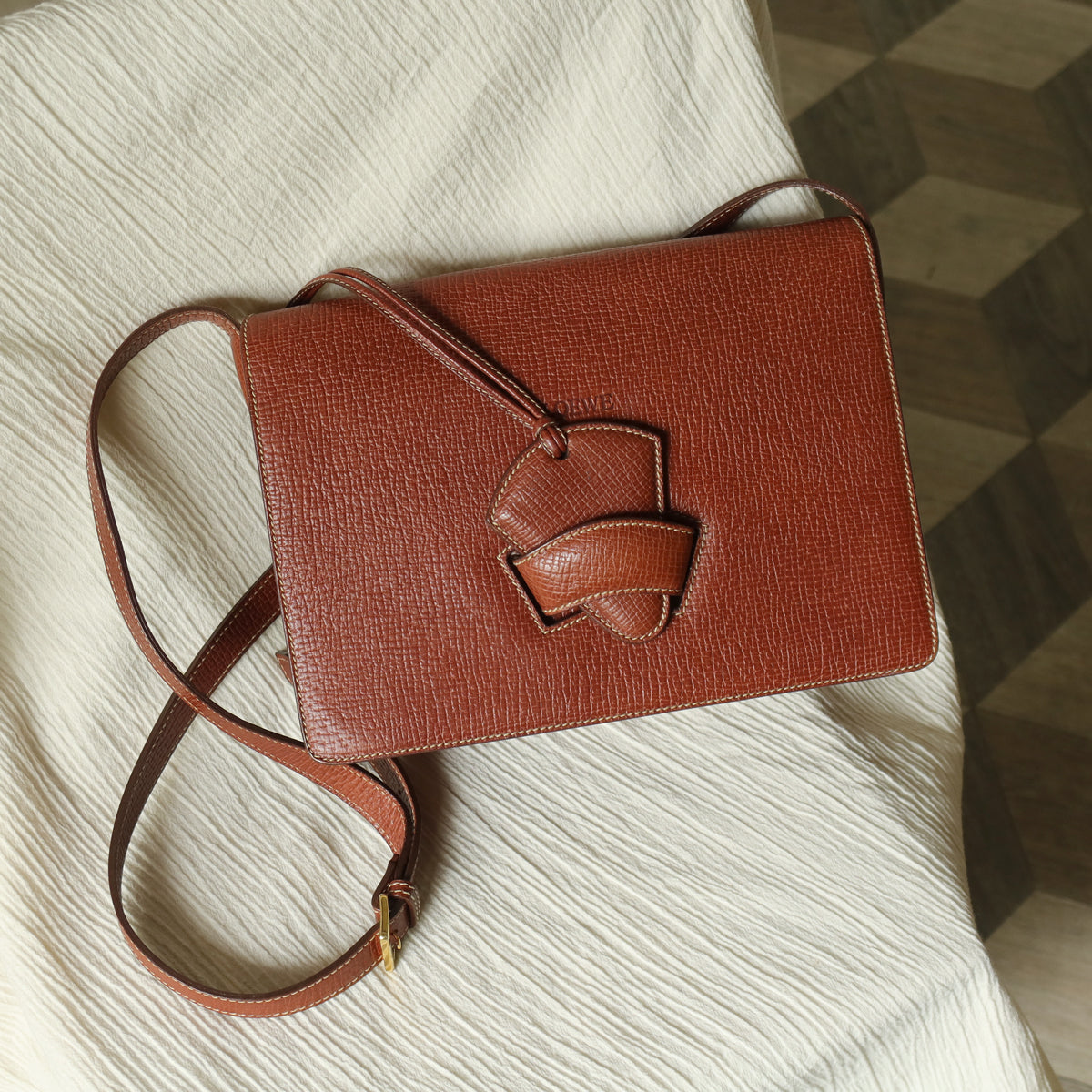 Loewe Vintage Caramel Brown Grained Calfskin Leather Barcelona Shoulder Bag