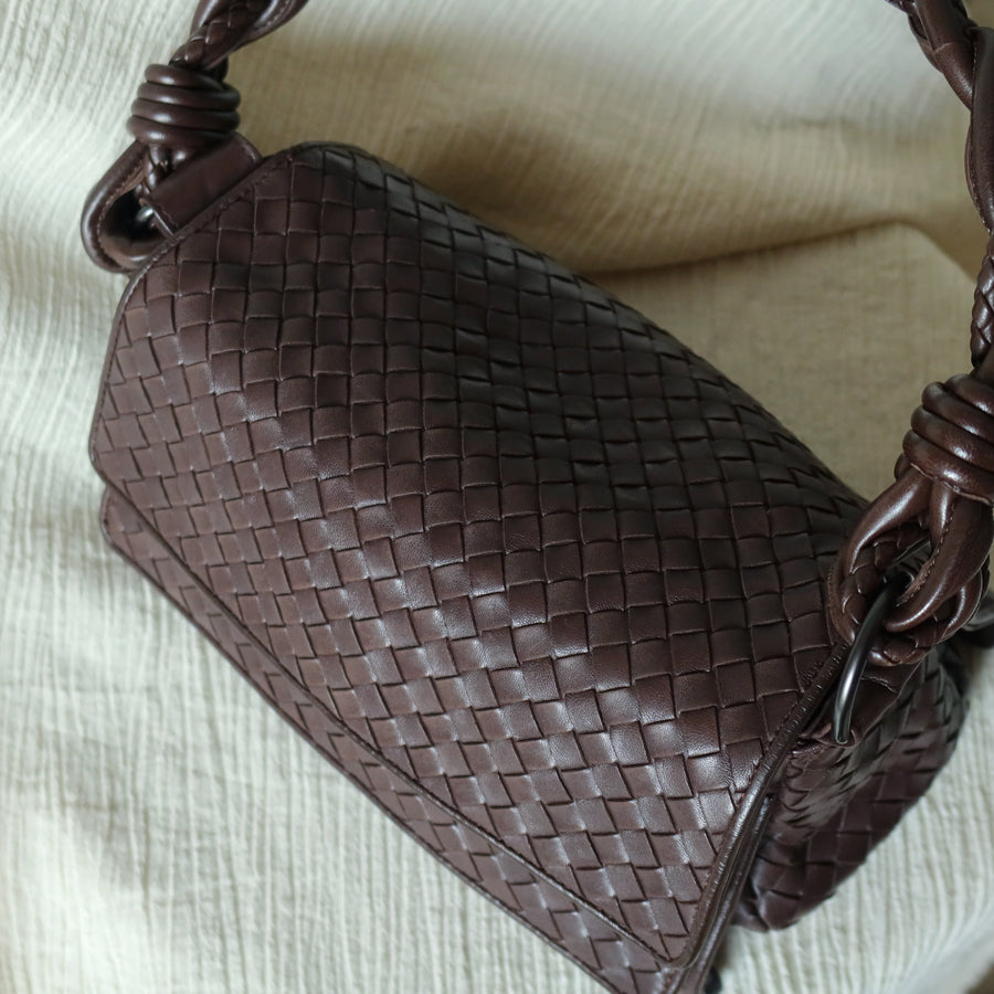 Bottega Veneta Vintage Dark Brown Intrecciato Twisted Strap Double Flap Shoulder Bag S2