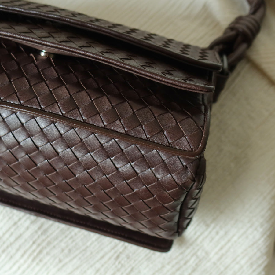 Bottega Veneta Vintage Dark Brown Intrecciato Twisted Strap Double Flap Shoulder Bag S2