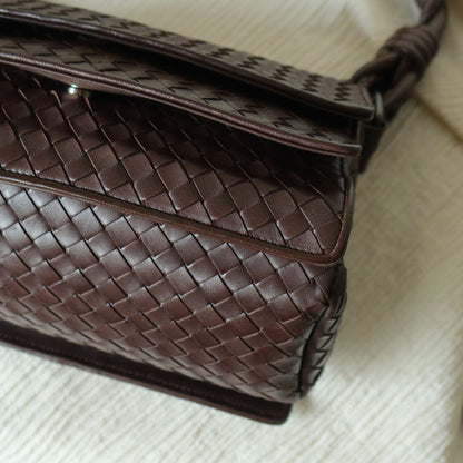 Bottega Veneta Vintage Dark Brown Intrecciato Twisted Strap Double Flap Shoulder Bag S2