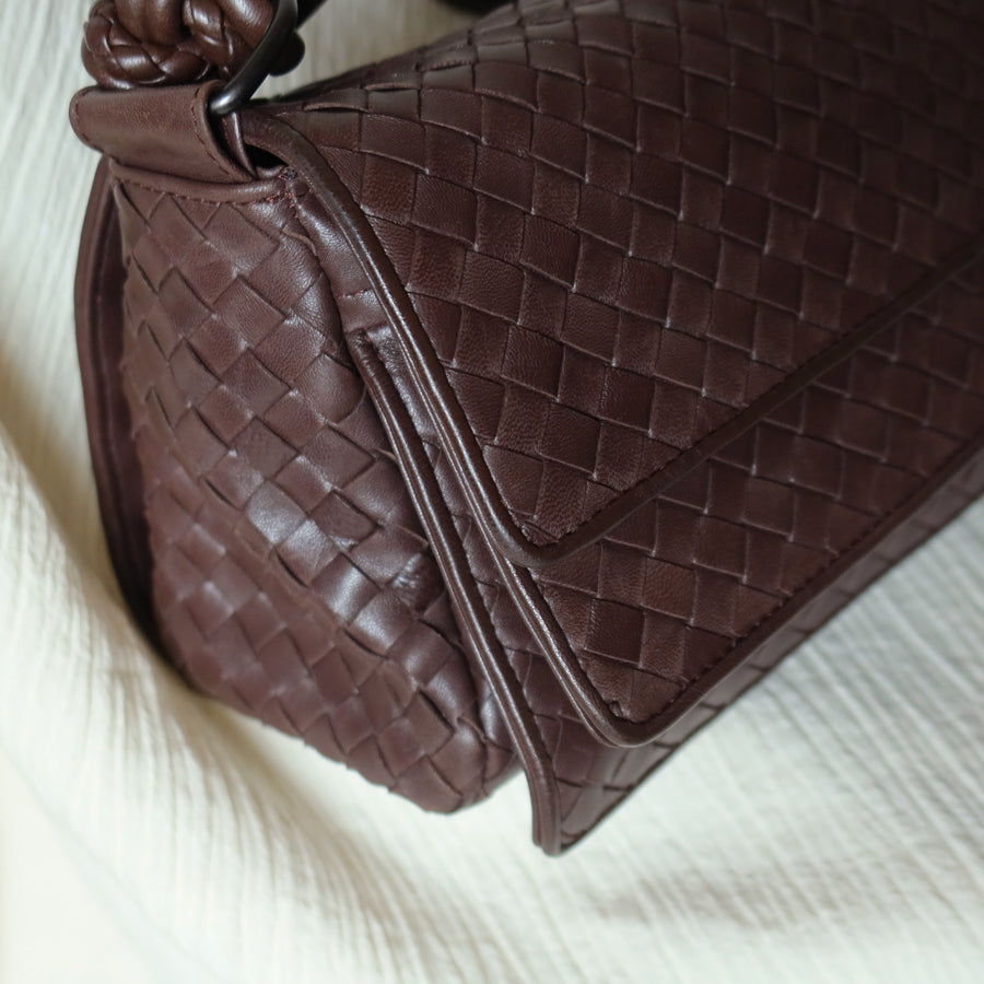 Bottega Veneta Vintage Dark Brown Intrecciato Twisted Strap Double Flap Shoulder Bag S2