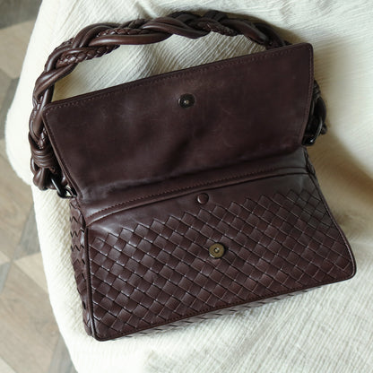 Bottega Veneta Vintage Dark Brown Intrecciato Twisted Strap Double Flap Shoulder Bag S2