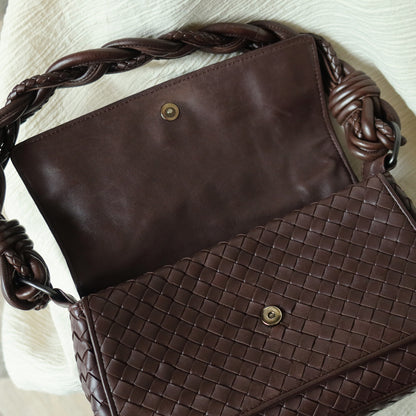 Bottega Veneta Vintage Dark Brown Intrecciato Twisted Strap Double Flap Shoulder Bag S2