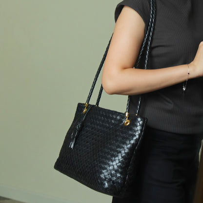 Rare Bottega Veneta Vintage Black Intrecciato Braided Strap Shoulder Bag M