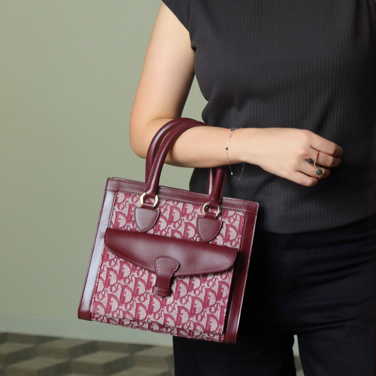Christian Dior Vintage Burgundy Canvas Leather Oblique Trotter Monogram Handbag
