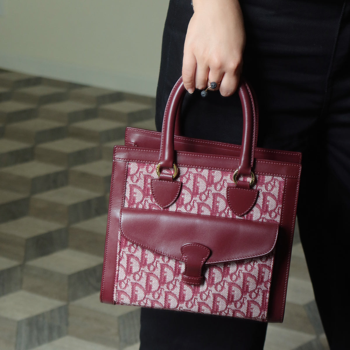 Christian Dior Vintage Burgundy Canvas Leather Oblique Trotter Monogram Handbag