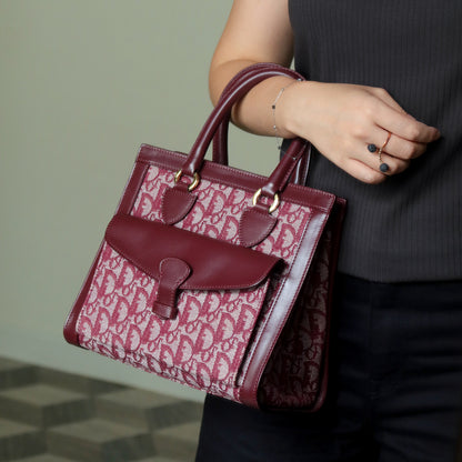 Christian Dior Vintage Burgundy Canvas Leather Oblique Trotter Monogram Handbag