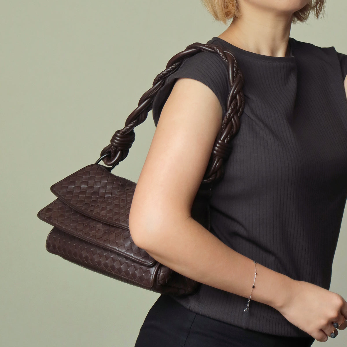 Bottega Veneta Vintage Dark Brown Intrecciato Twisted Strap Double Flap Shoulder Bag S2