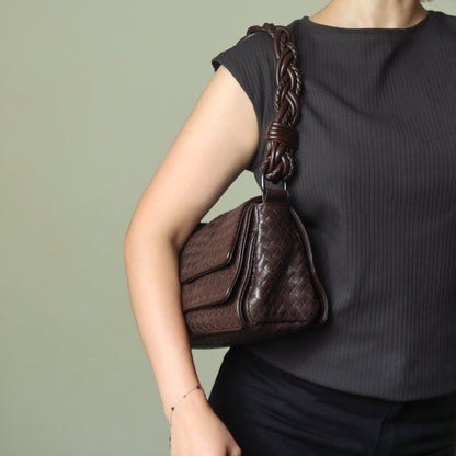 Bottega Veneta Vintage Dark Brown Intrecciato Twisted Strap Double Flap Shoulder Bag S2