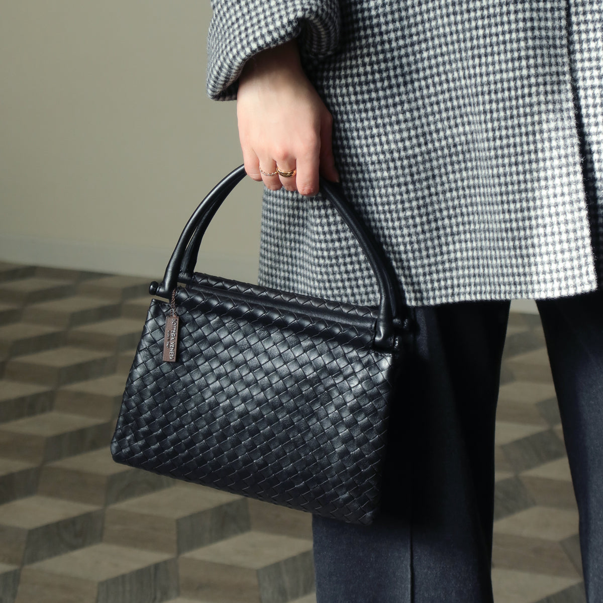 Bottega Veneta Vintage Black Leather Intrecciato Weave Top Handle Bag